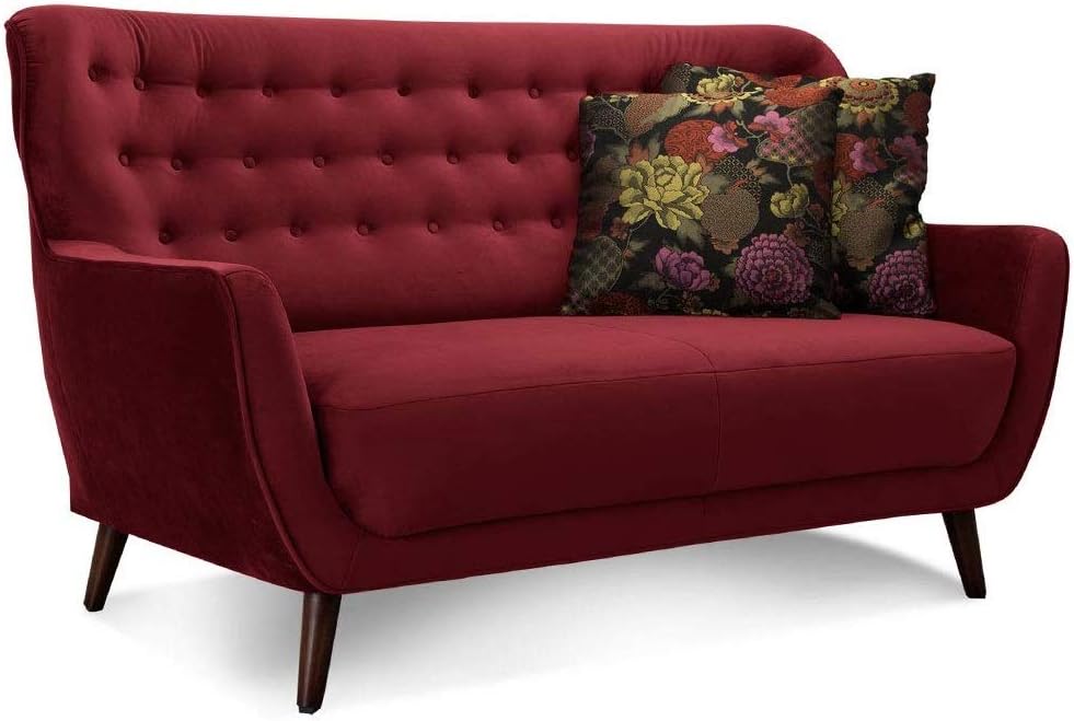 CAVADORE 2-Sitzer-Sofa Abby / Retro-Couch mit Samtbezug und Knopfheftung / 153 x 89 x 88 / Samtoptik, rot