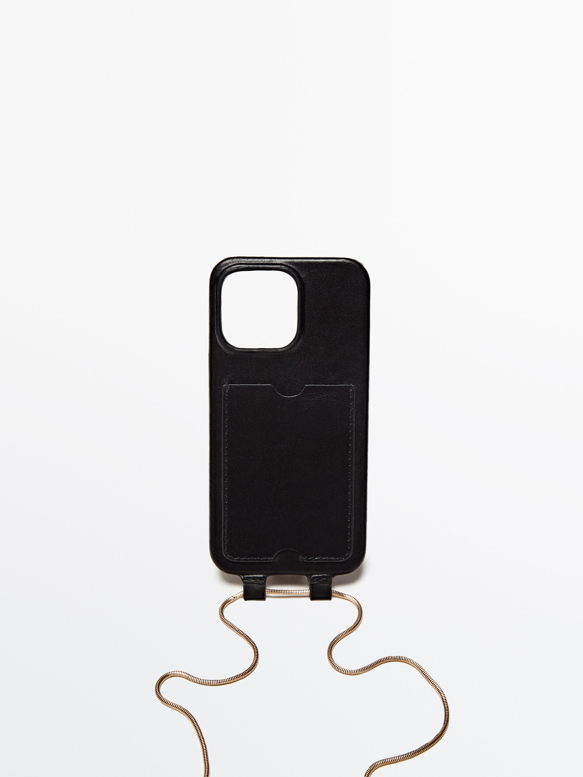 Capa de couro para iPhone 13 Pro com corrente - PRETA