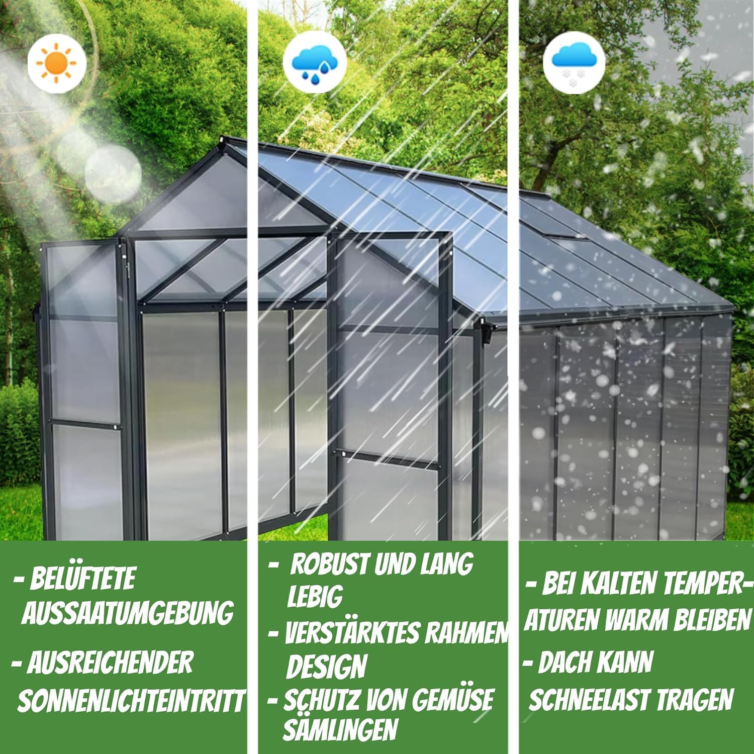 Gewächshaus Aluminium für den Garten |Mit 8 cm dickeres Fundament| 301*238*210 cm | Vielseitig nutzbar als Treibhaus Gartenhaus Winterfest Aufzucht Tomatenhaus Frühbeet und Pflanzenhaus Grau