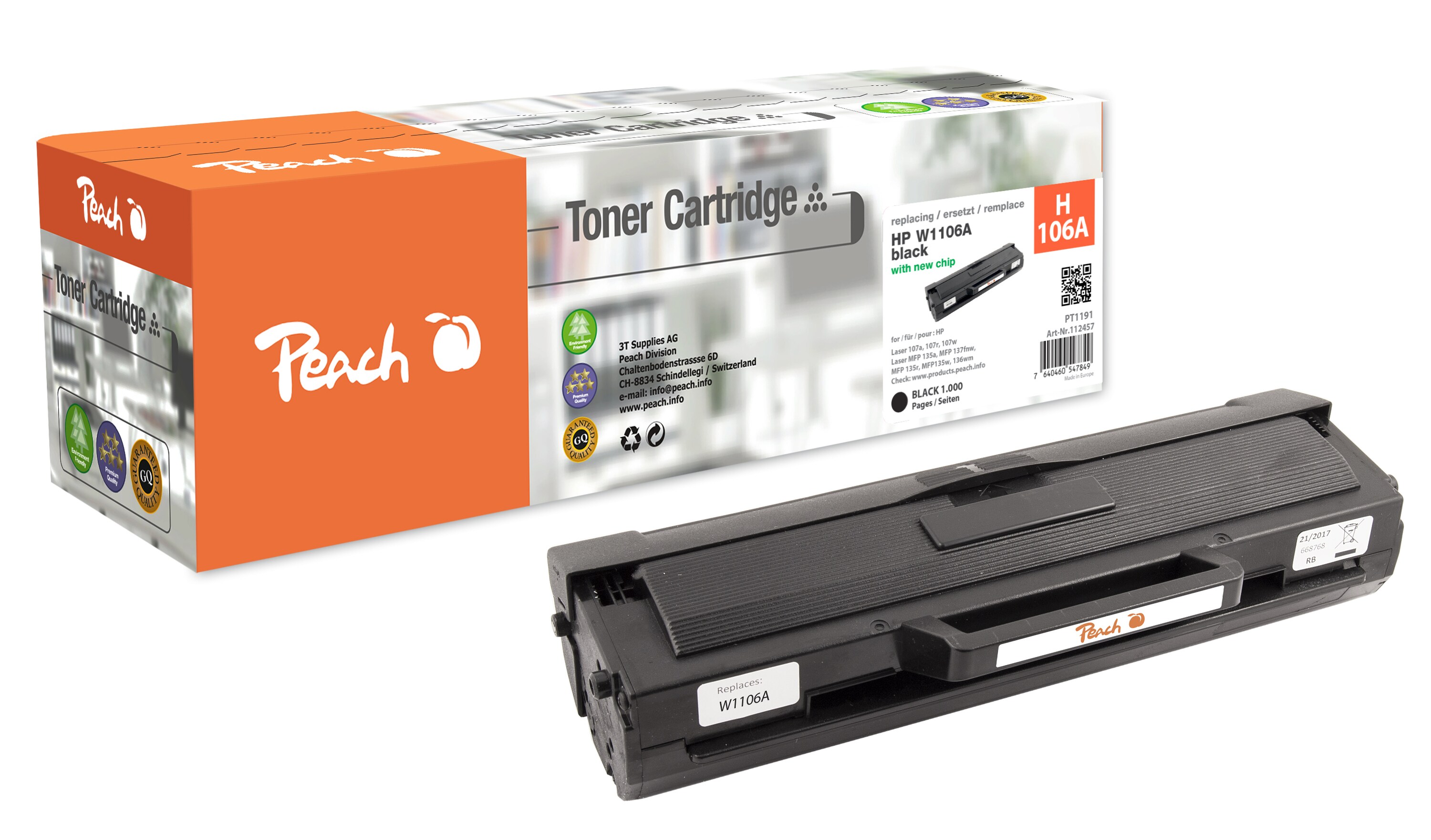 Peach HP 106 A Toner bk ersetzt HP No. 106A, W1106A für z.B. HP Laser 107 a, HP Laser 107 r, HP Laser 107, HP Laser 107 w, HP Laser MFP 130 (wiederaufbereitet)