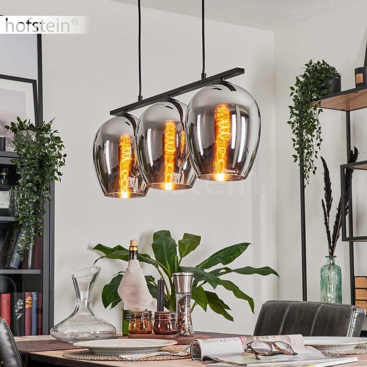 Pendelleuchte Vevino, Hängeleuchte aus Metall/Glas in Schwarz/Chromfarben, Leuchte im Vintage/Retro Design, Schirme aus Glas (Ø 20 cm), 3-flammig, Höhe max. 116,5 cm, 3 x E27, ohne Leuchtmittel