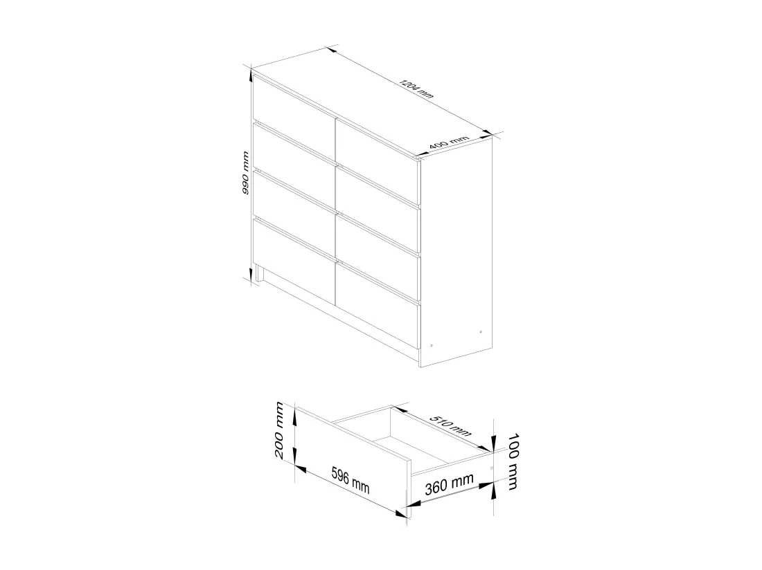 Commode AKORD K120 Blanche 120 cm 8 tiroirs façade Blanche 120x40x99 cm