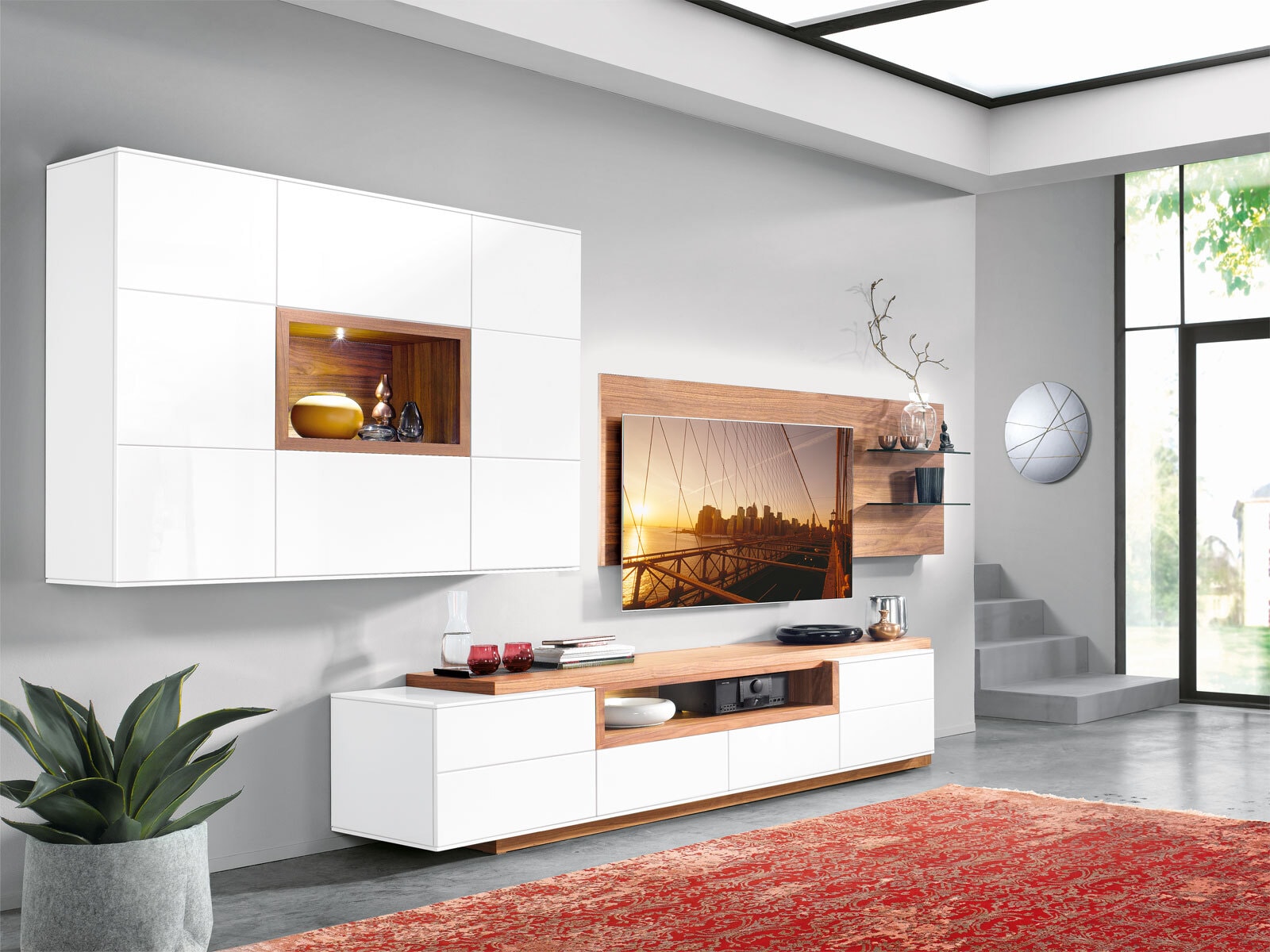 MONDO Wohnwand ELEGANCE 3 teilig Hochglanz Perlweiß ca. 340 x 191 x 53 cm