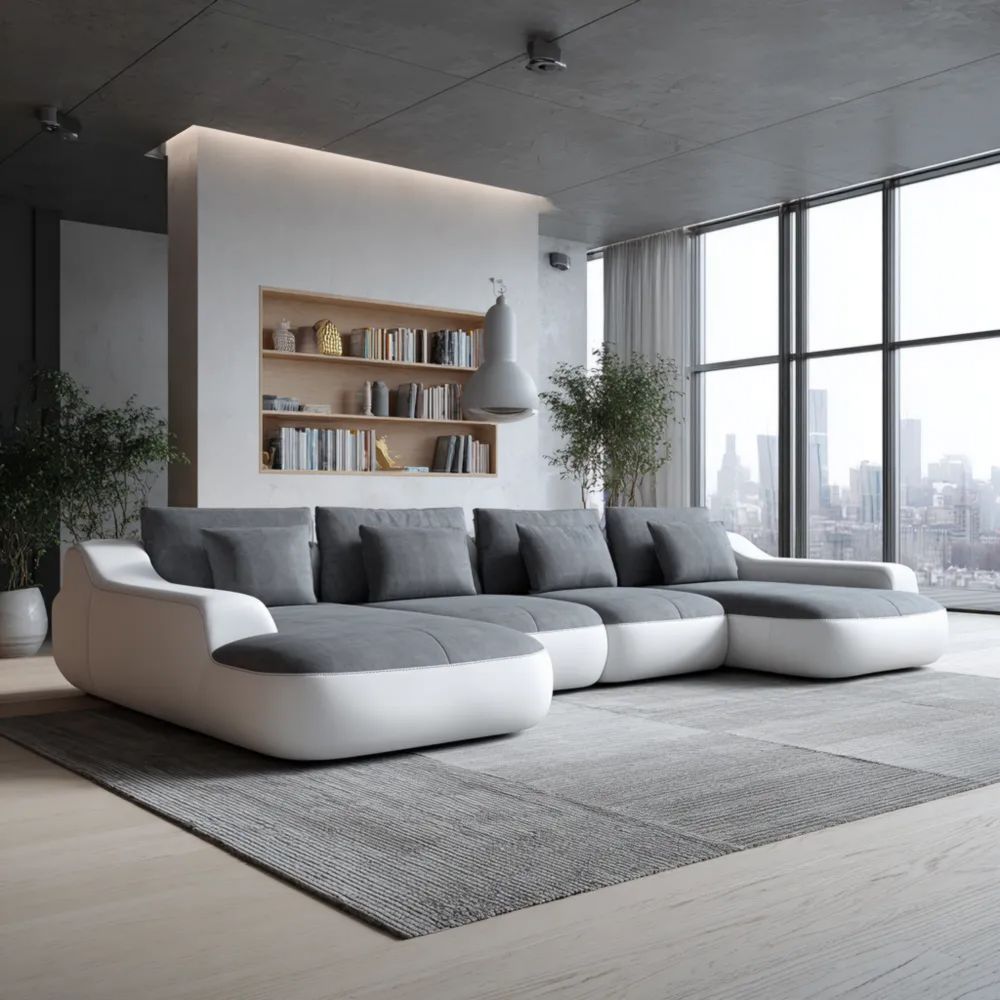 Modulares Ecksofa Stoff 300x200x90 cm – Weiß/Grau – Moderne Eleganz