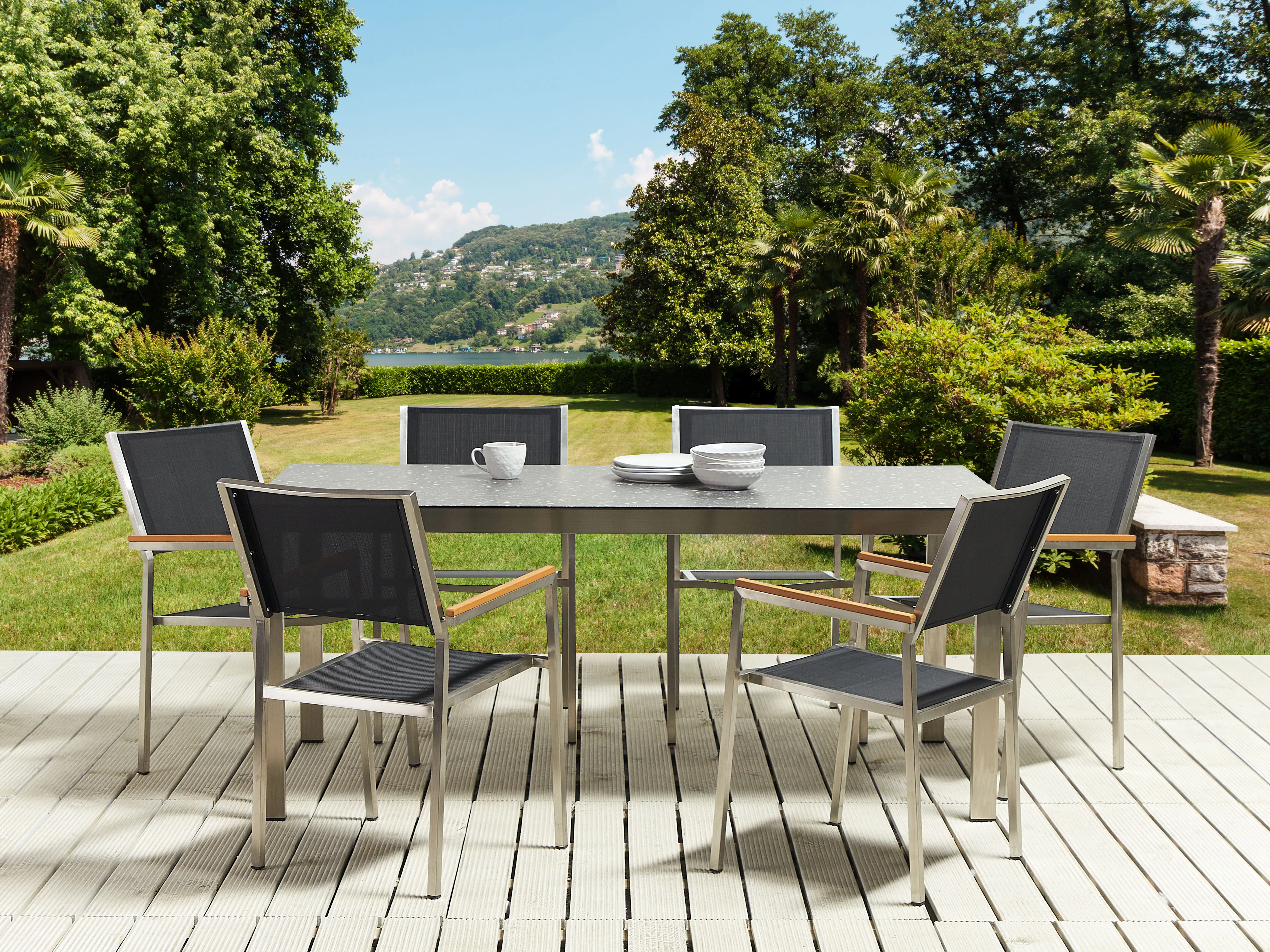 Tuinset 6-zits COSOLETO/GROSSETO Veiligheidsglas Granieteffect Zwart