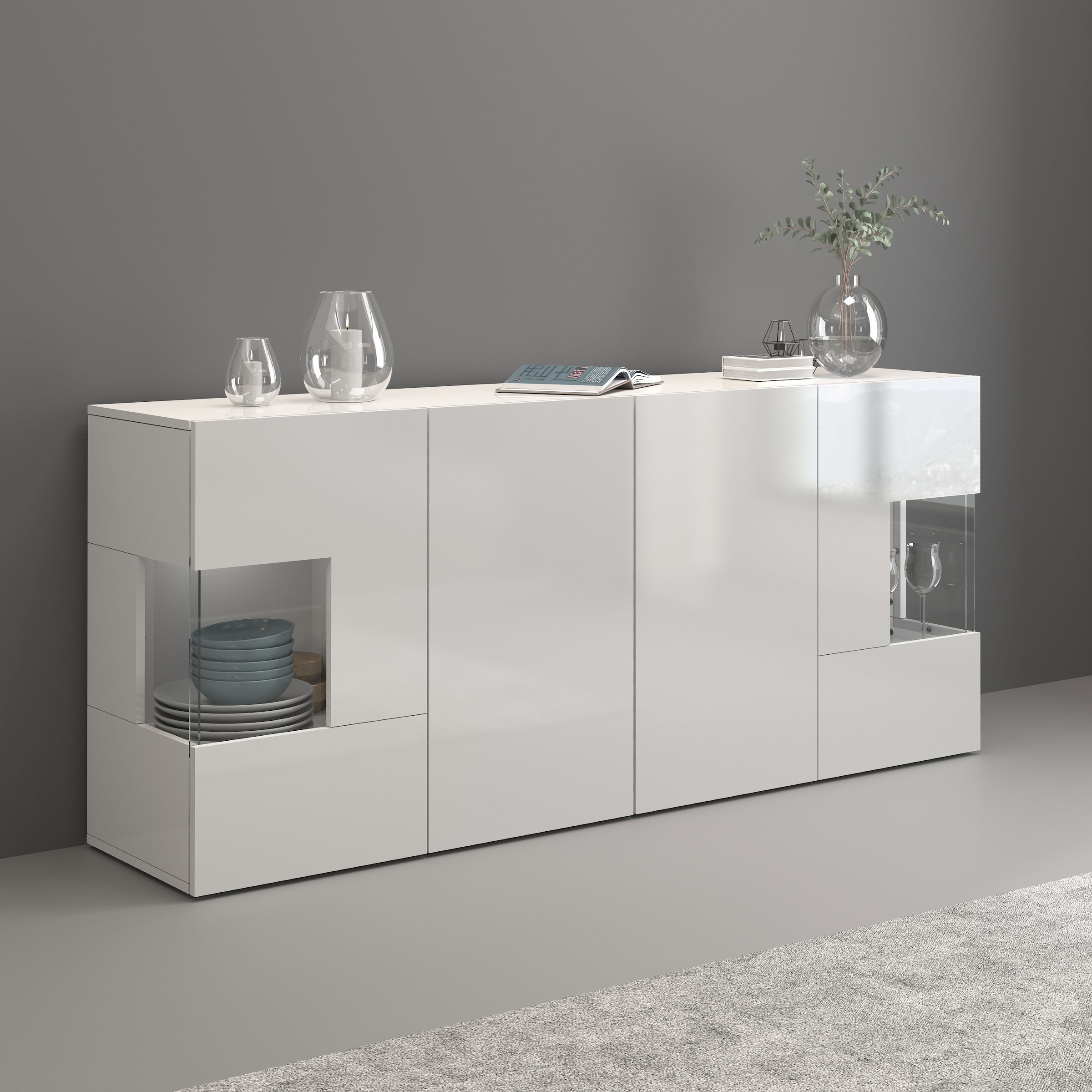 INOSIGN Sideboard »Egypt, Kommode, Schrank, Kredenz, Vitrine grifflos« 4 Türen davon 2 mit Glaseinsatz, kompl. Hochglanz lackiert, Breite 180