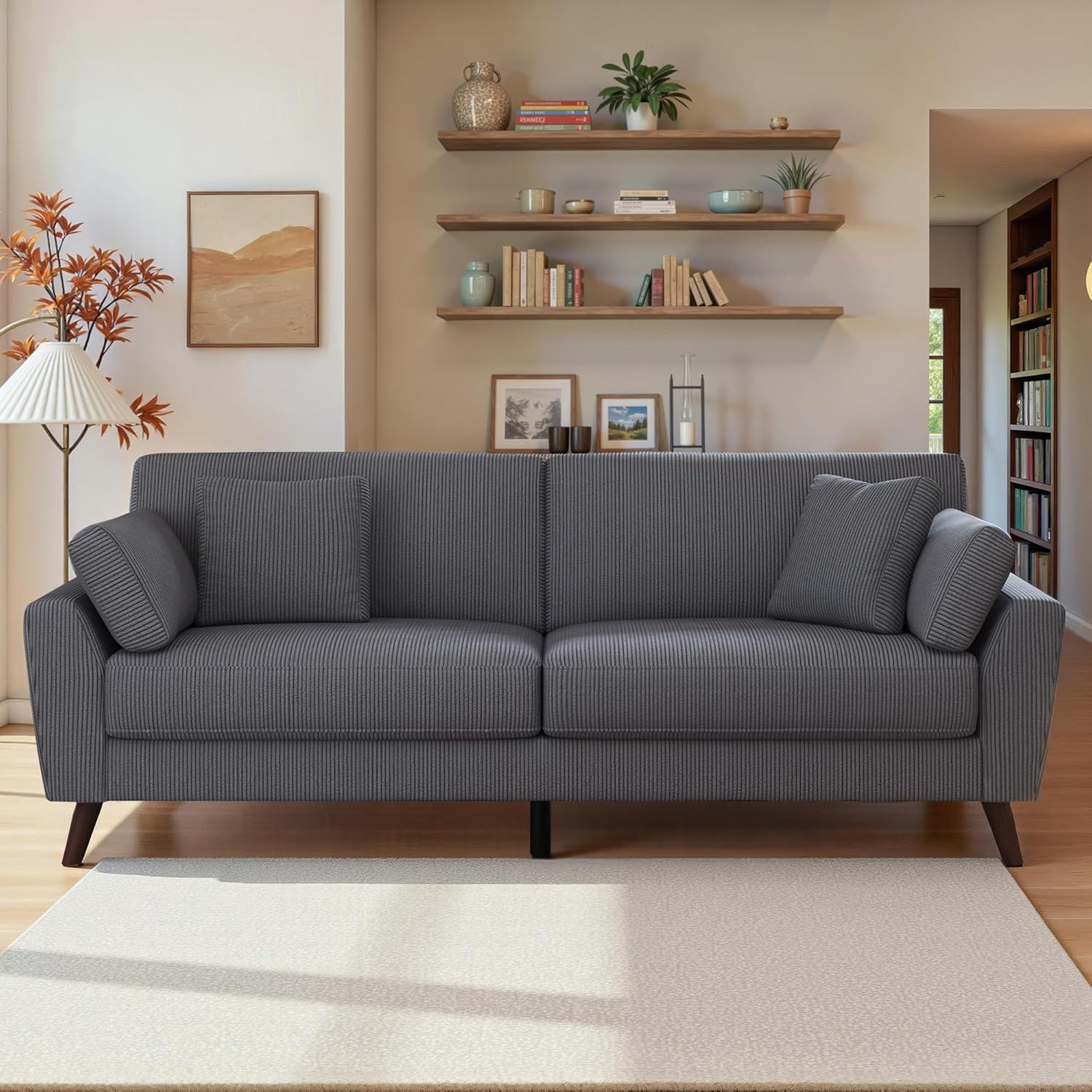 220 cm 3-Sitzer Big Sofa aus Cord, modernes Design mit hohen Beinen, ideal für Wohnzimmer oder Schlafzimmer, grau