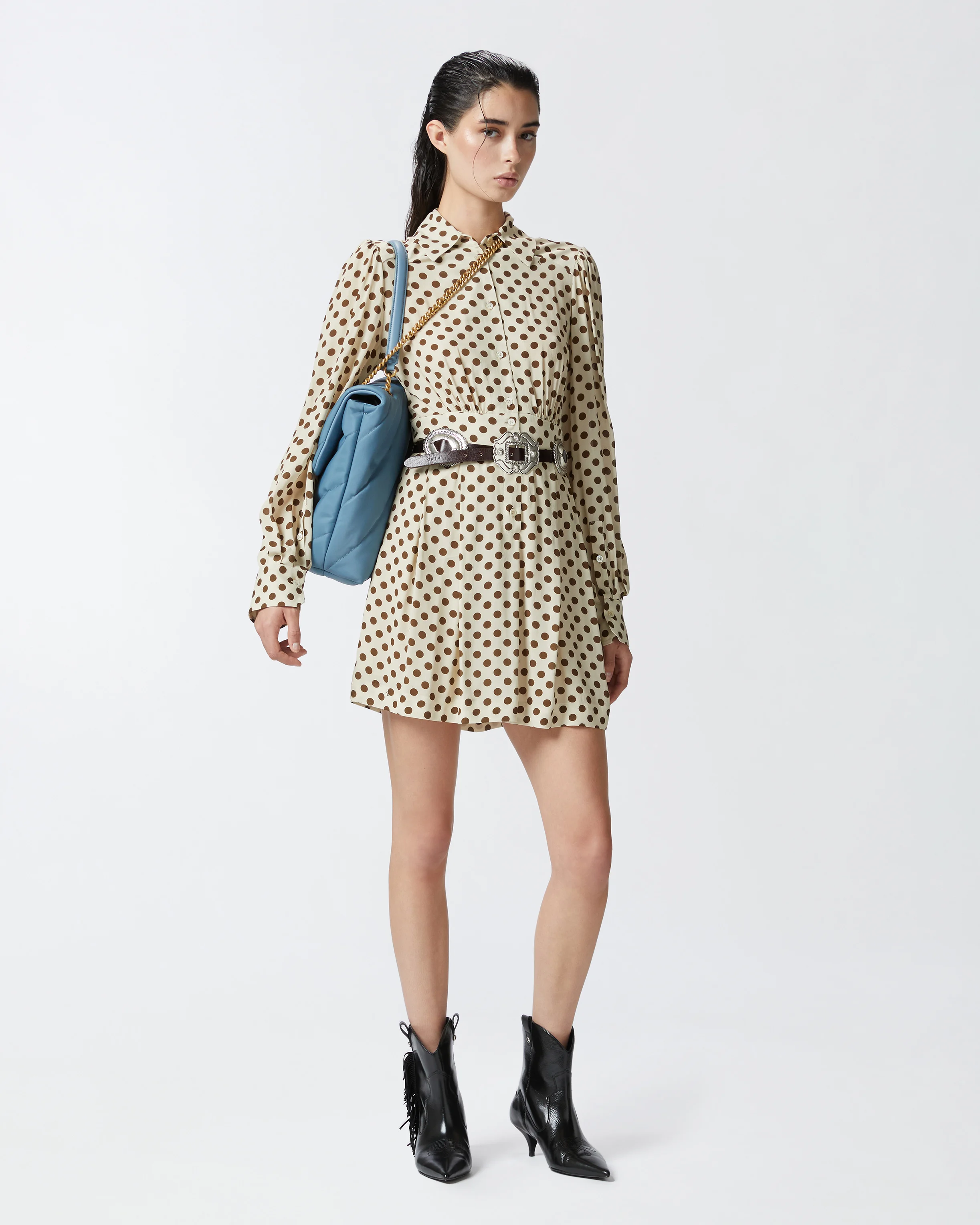 Robe chemise à pois | Beige