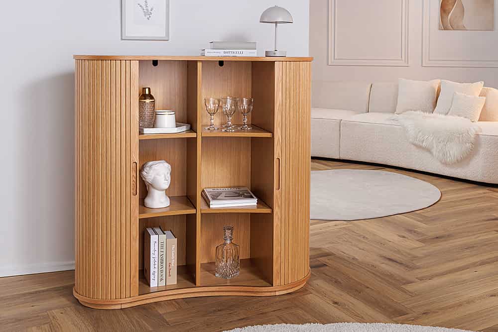 Retro Highboard VALHALLA WOOD 110cm natur Eichenholz mit Schiebetüren