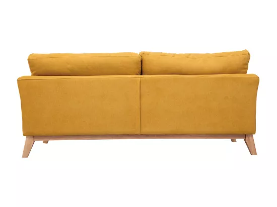 Canapé scandinave déhoussable 3 places en tissu effet velours jaune moutarde et bois clair OSLO