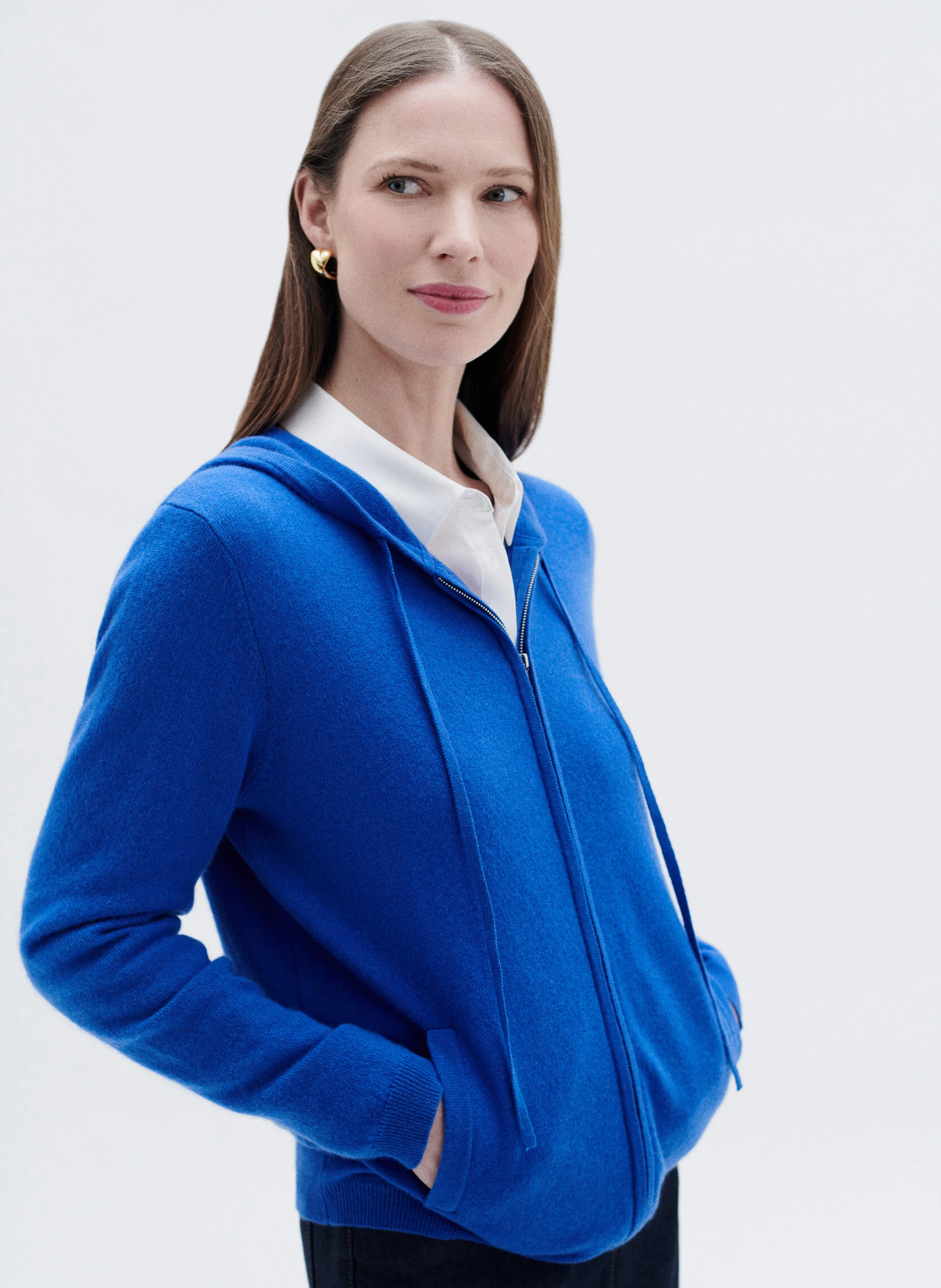 BASILA - Gilet droit à capuche en laine et cachemire | Bleu