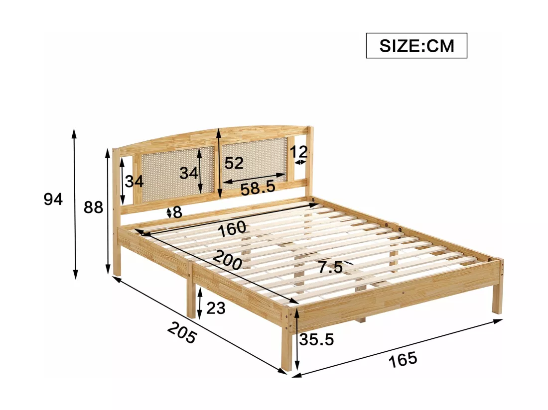 Lit adulte 160x200cm Lit double avec 15 lattes et pieds centraux pin + rotin PE Naturel