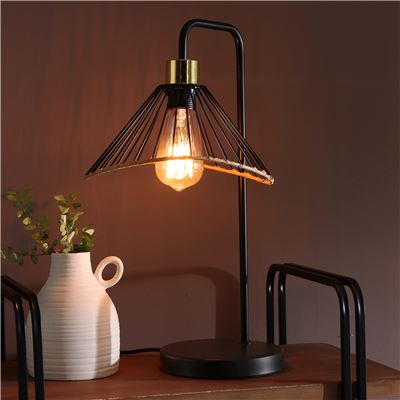 Lampe à poser métal finition rotin