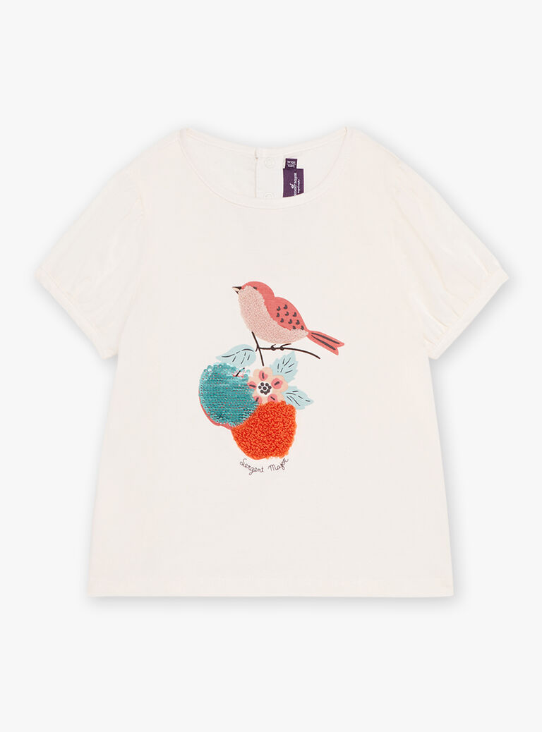 T-shirt bi matière ivoire à motif oiseaux