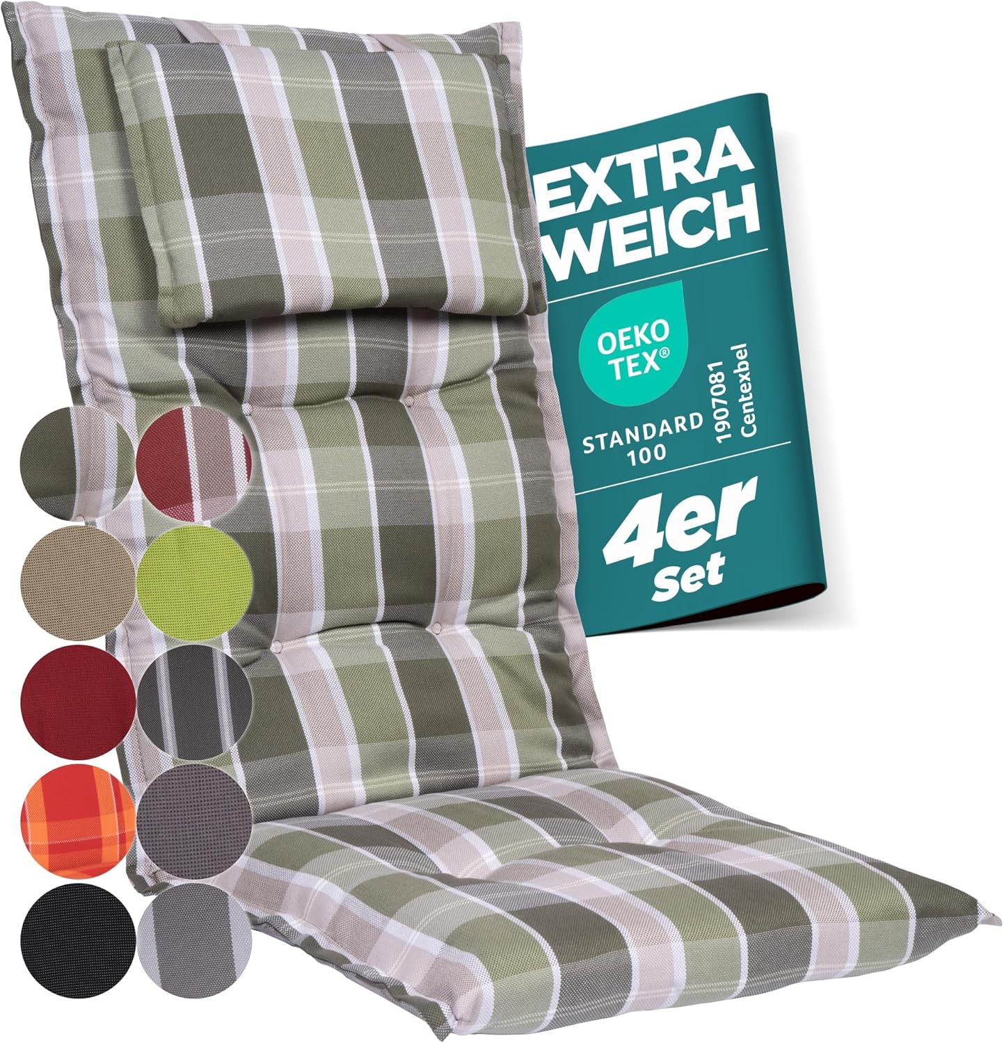 Gartenstuhlauflagen Hochlehner mit Kopfteil I Extra Dicke Sitzauflagen I Made in EU I Ideale Polsterauflagen für Hochlehner I Auflagen mit extra hoher Lichtechtheit I 4er Set I Grün kariert