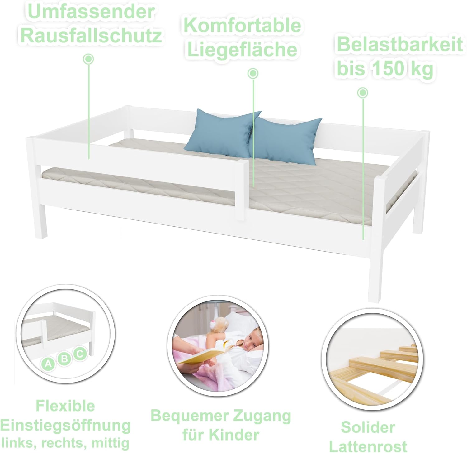 Kinderbett weiß 160x80 cm I stabiles Bett für Kinder und Kleinkinder +1,5 Jahre I ohne Matratze I ohne Schublade Kinder Betten für Mädchen & Jungen, Bett Holz, Bettgestell