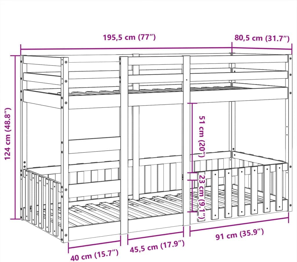 vidaXL Etagenbett, Kinderbett mit Rausfallschutz Leiter, Stockbett mit Lattenrost, Bett Holzbett Bodenbett, Weiß 75x190cm Massivholz Kiefer