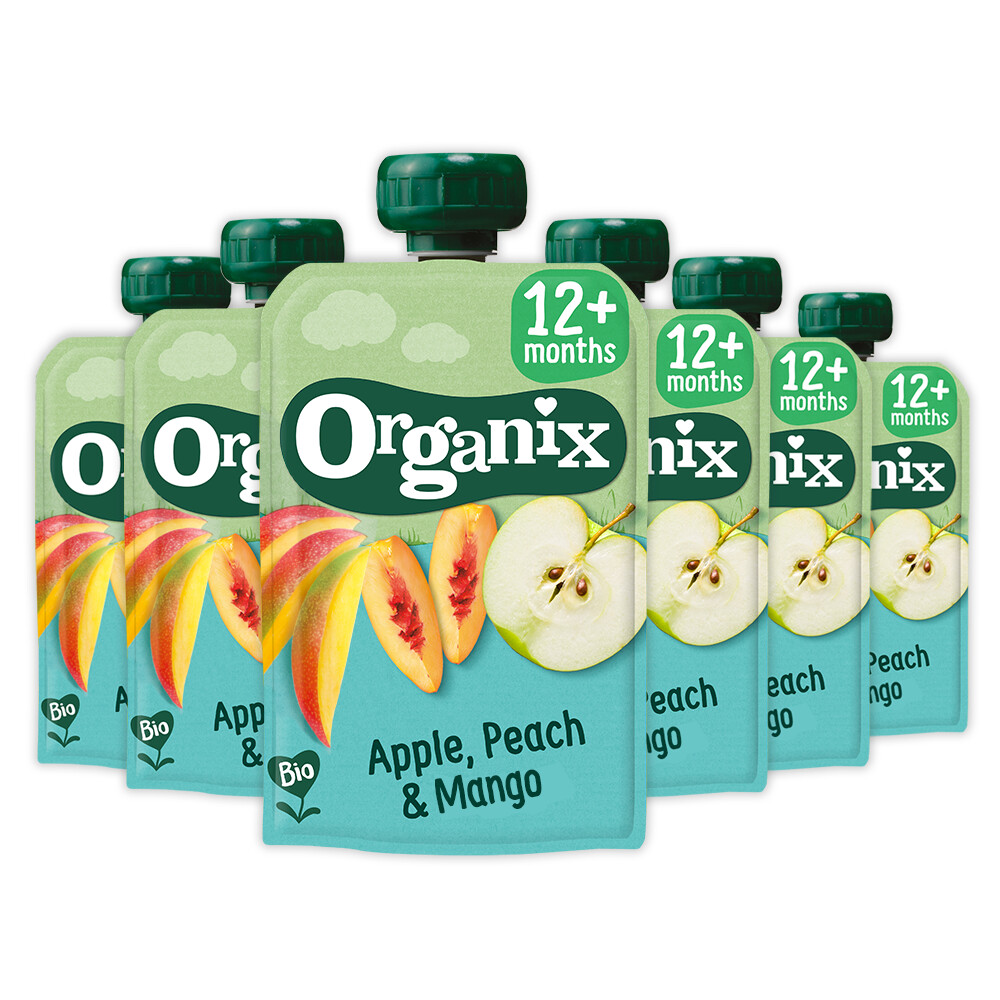 6x Organix Knijpfruit 12+m Appel, Perzik & Mango100 gr