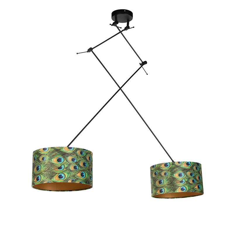 Hanglamp zwart met velours kappen pauw met goud 35 cm 2-lichts - Blitz