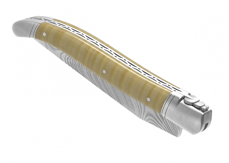 Couteau Laguiole collection damas avec un manche en érable onde et 2 mitres en acier inoxydable