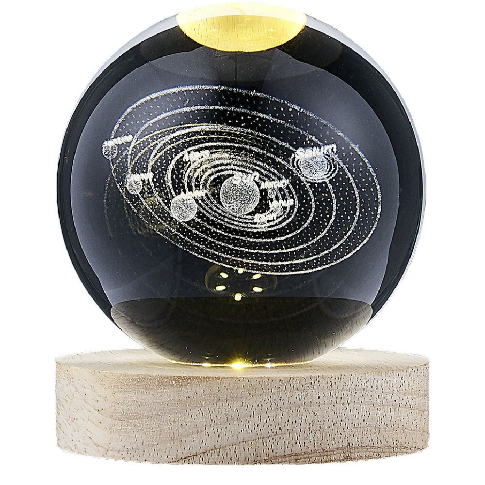 Boule de cristal gravée socle LED thème astro Ø9xH10cm