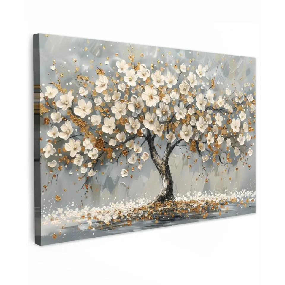 MuchoWow Canvas Schilderij 90x60cm Boom Bloemen Wit Natuur