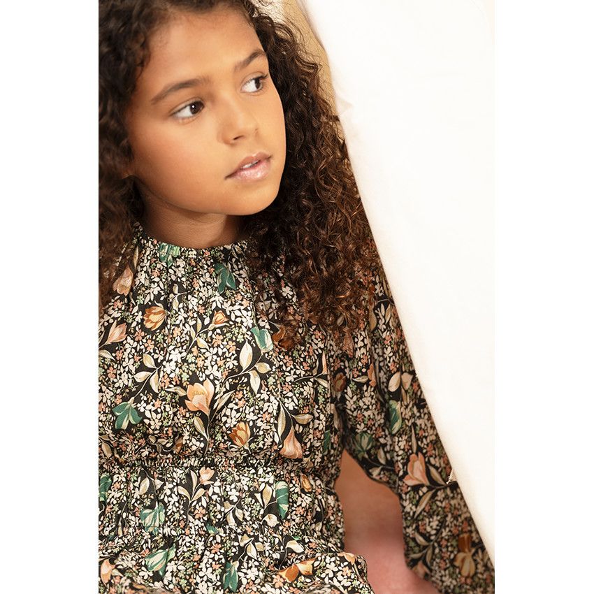 Robe manches longues bouffantes imprimé fleuri pour fille - Gris foncé