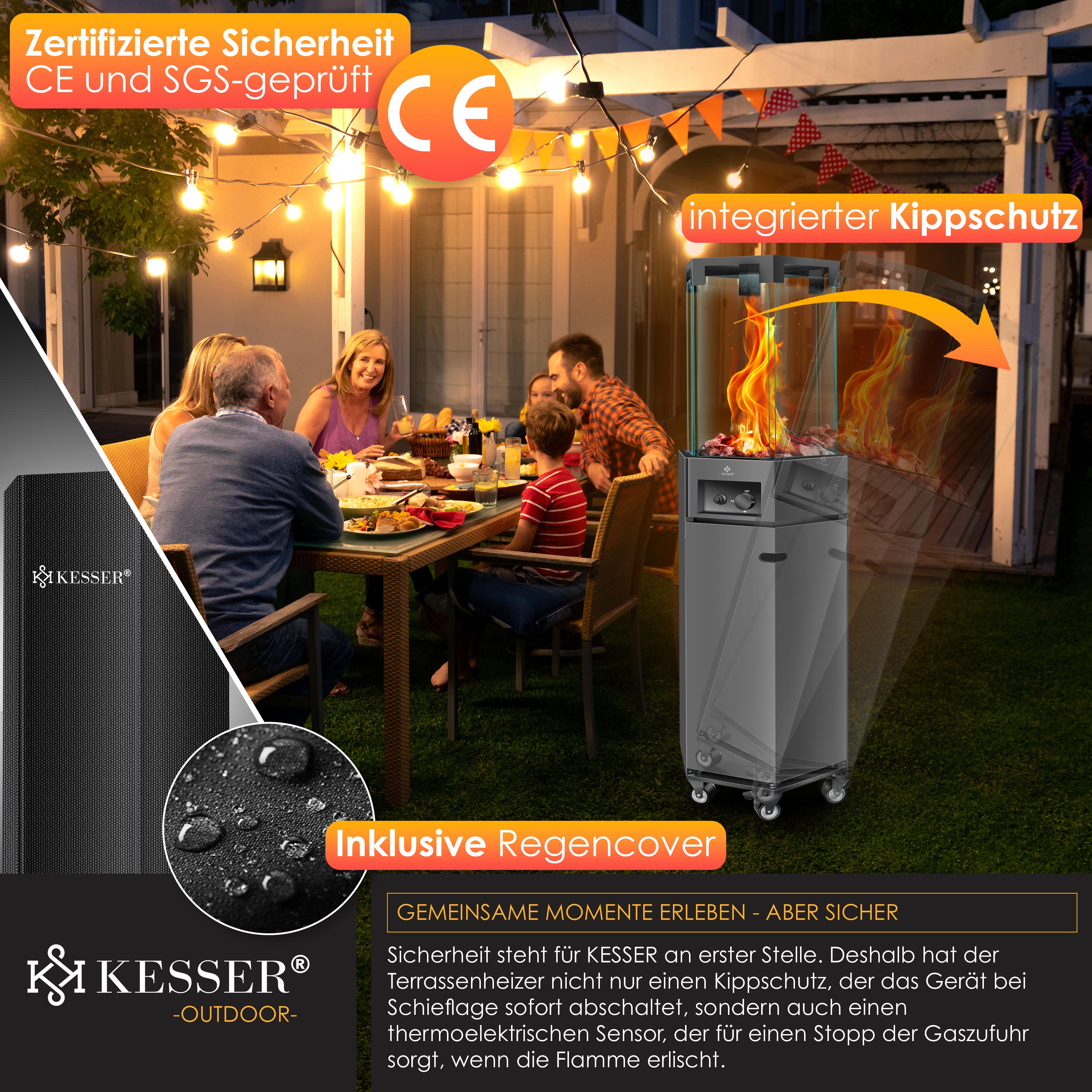 KESSER® Heizstrahler Gas Terrassenheizstrahler Gasheizungen Gasheizstrahler Gasheizer inkl. Schutzhülle Outdoor-Heizung Mobiler Heizpilz Flammenheizer, Pyramide Terrassenheizer , mit Bodenrollen
