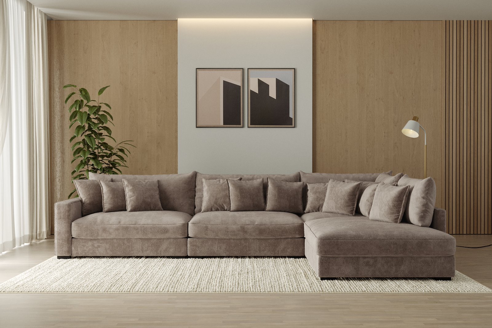 Rossi Lux 4-seter med åpen ende høyre Tekstil Genesis 6 Mink, arm B med sorte ben. Lux Komfort.