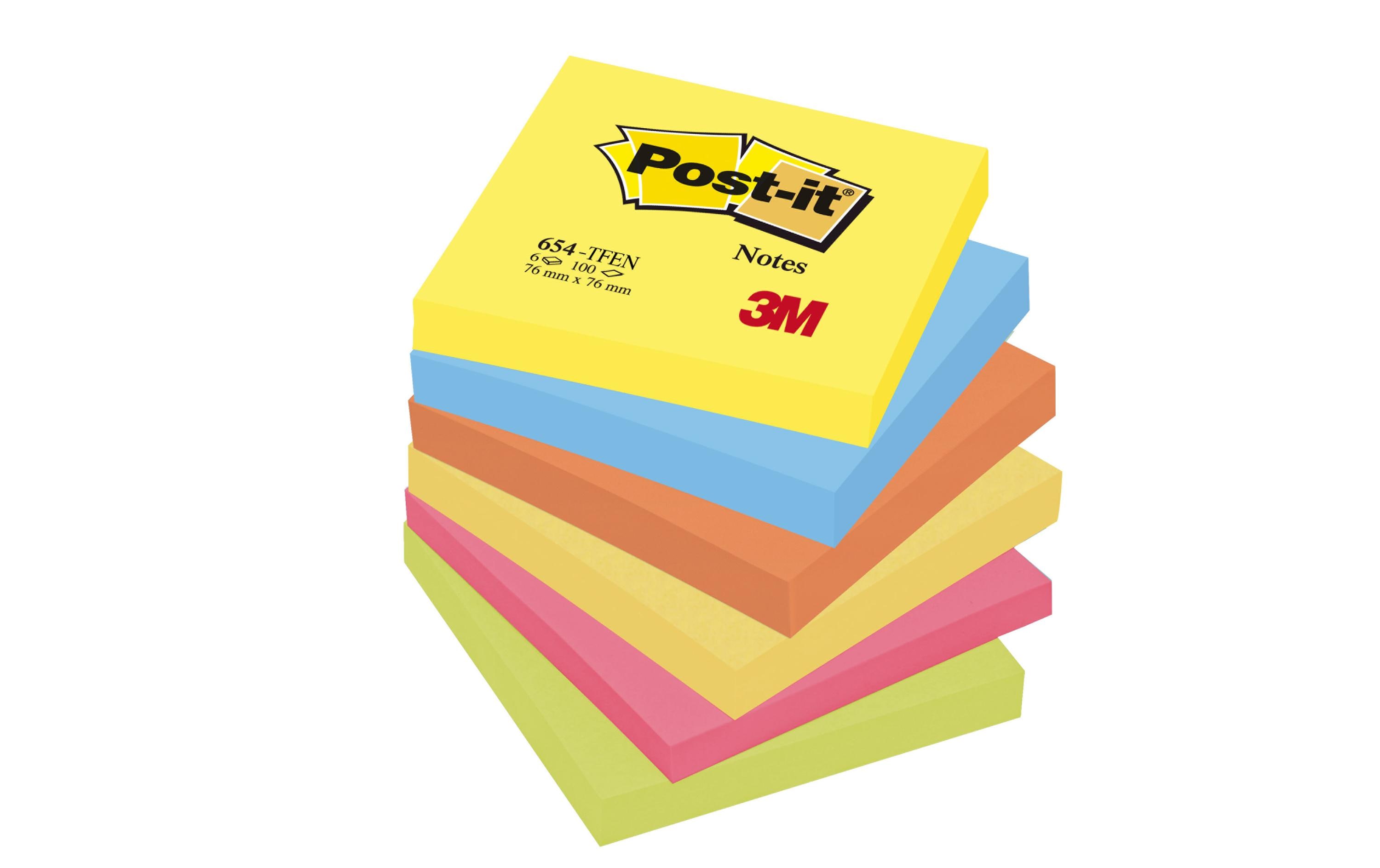 Notizzettel Post-it 7,6 x 7,6 cm FarbigMit sechs Blöcken in fünf Farben à 100 Blatt