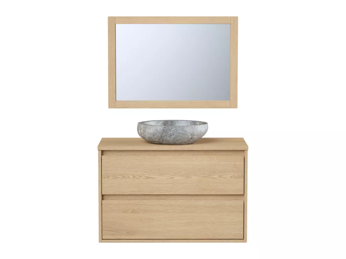 Meuble de salle de bain avec vasque à poser en pierre et miroir - Placage chêne - 80 cm - MILIPAM