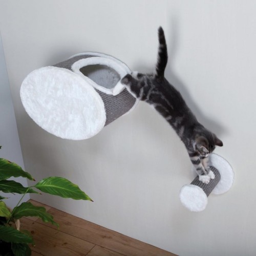 Cama/caverna para gatos de parede em tons de creme e cinza.
