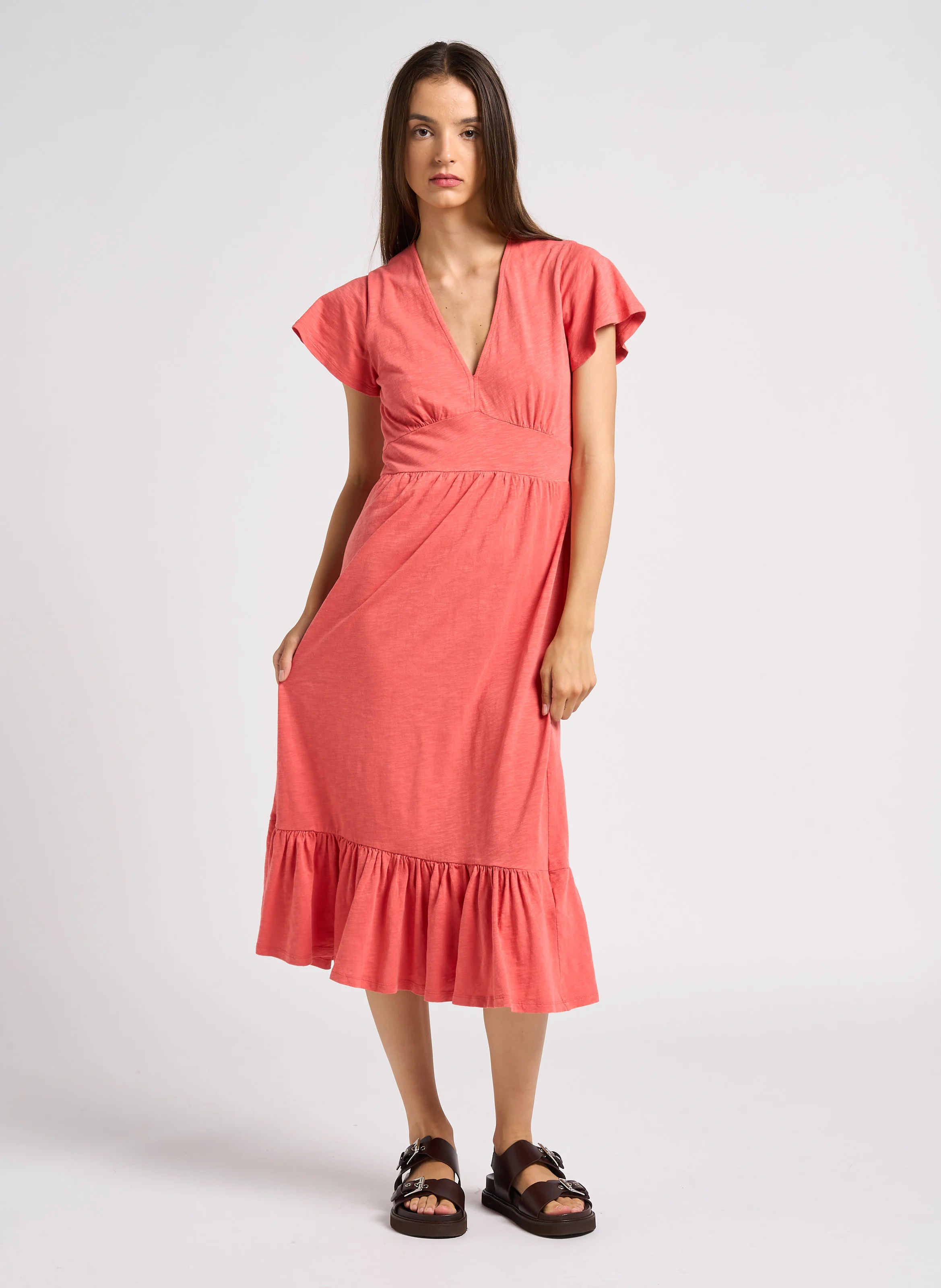 VALMA - Robe midi col V en coton| Rose
