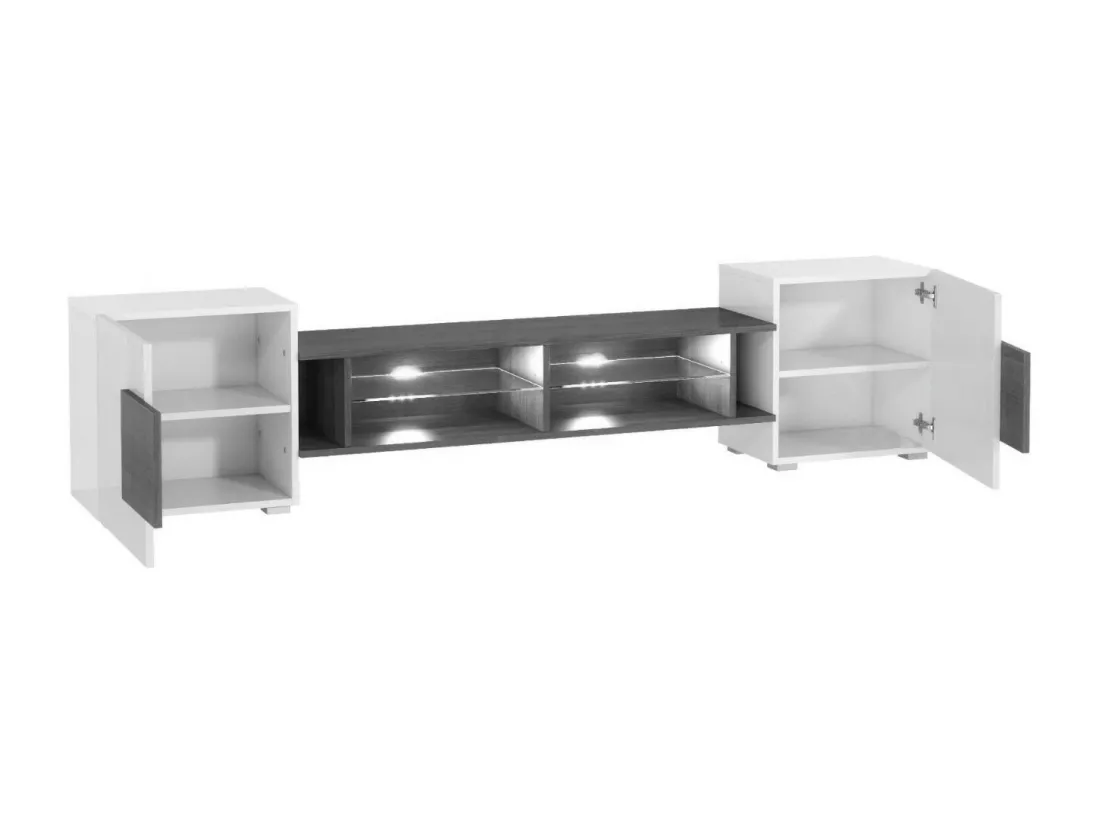 MEUBLE TV PABLO 230 cm avec LED Blanc Mat et Noir Laqué