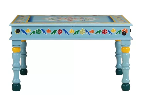 Table basse turquoise bois de manguier massif peint à la main