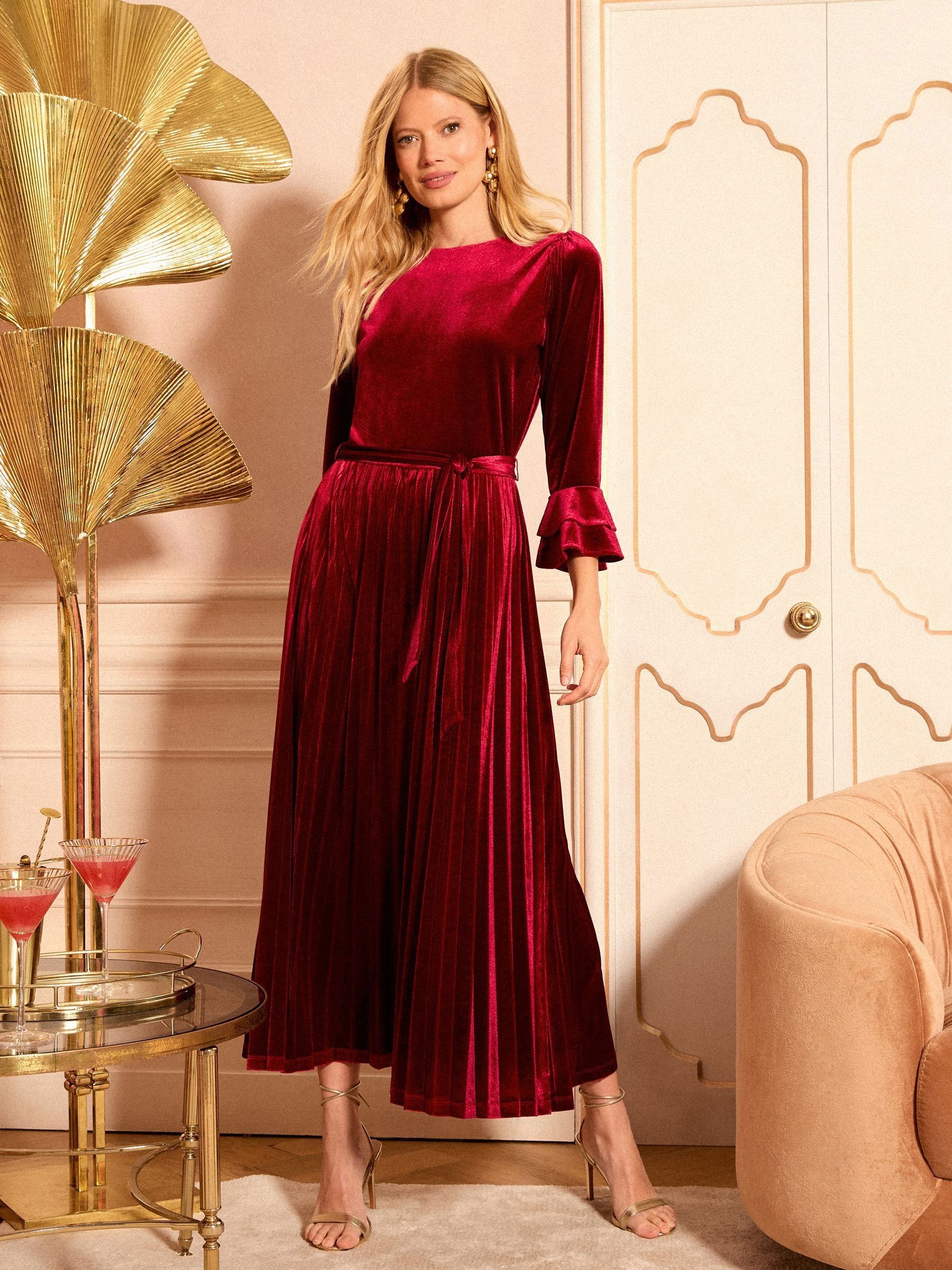 Rood - Love & Roses velvet midi-jurk met uitlopende mouwen