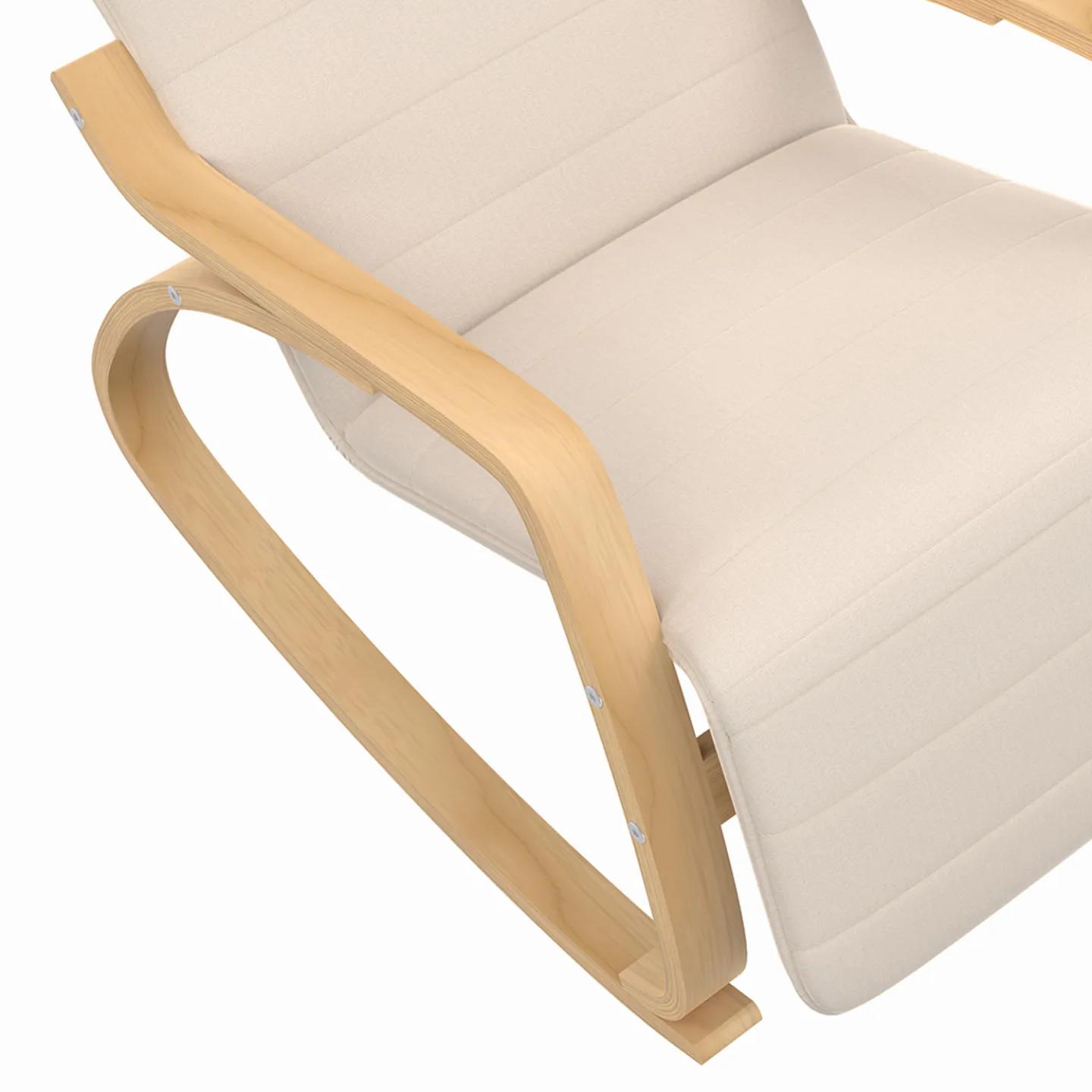 Fauteuil à bascule NILS, rocking chair avec repose pied en bois façon hêtre et coussin tissu beige
