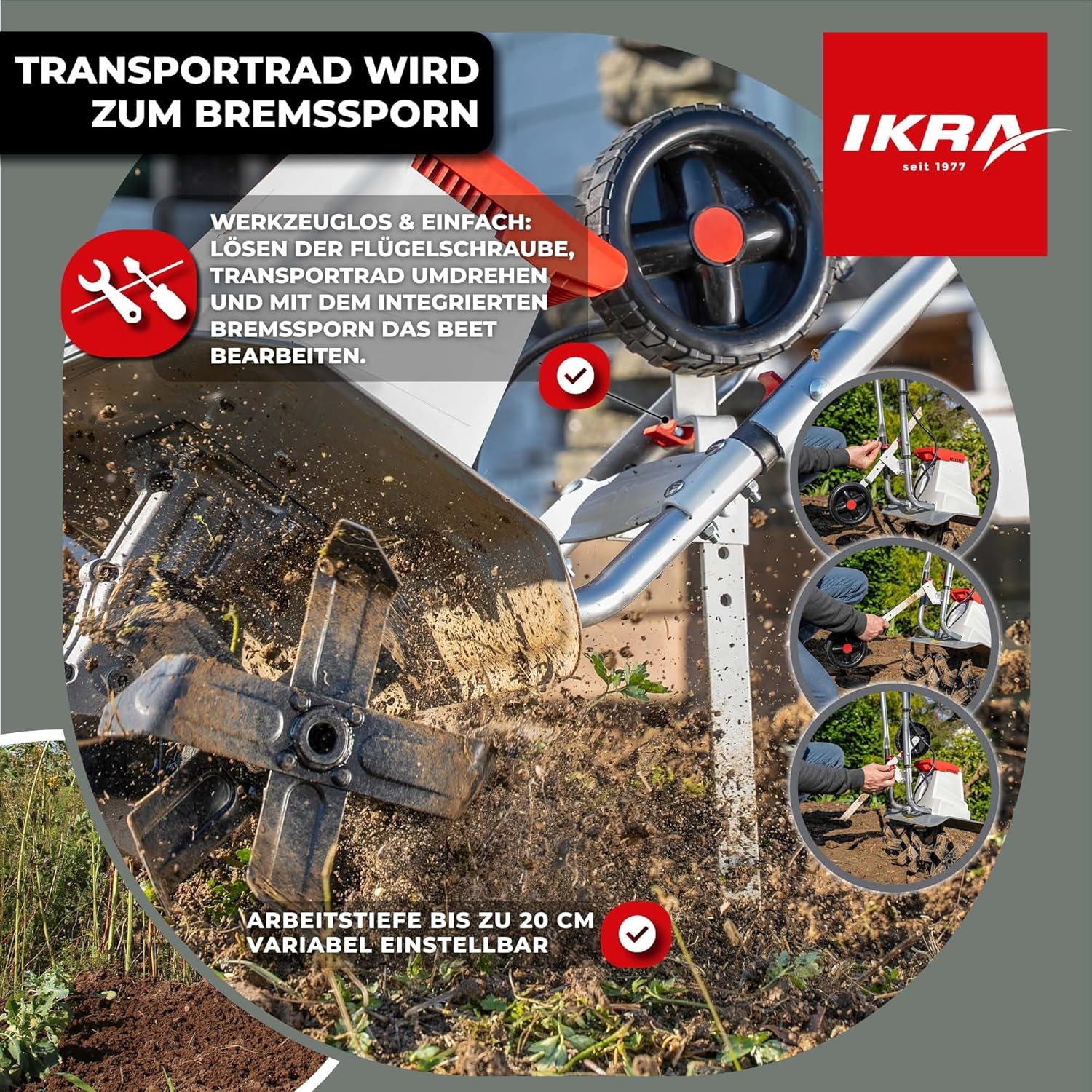 IKRA Elektro Bodenhacke IEM 1500, Flexible Arbeitsbreite 32 & 45cm, Arbeitstiefe bis 20cm, Starke 1500W Leistung, inkl. Häufelpflug