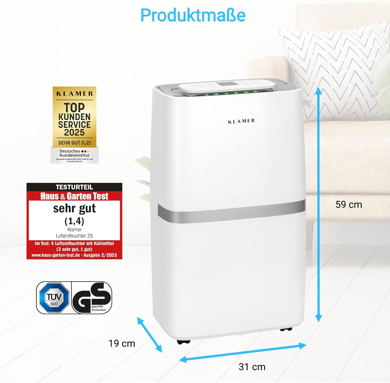 KLAMER Luftentfeuchter elektrisch 25L in 24h mit 5,5L Tank – Leiser, energieeffizienter Raumentfeuchter mit Smart Sensor, Timer & Wäschemodus – Bei Schimmel, Feuchtigkeit & Kondenswasser