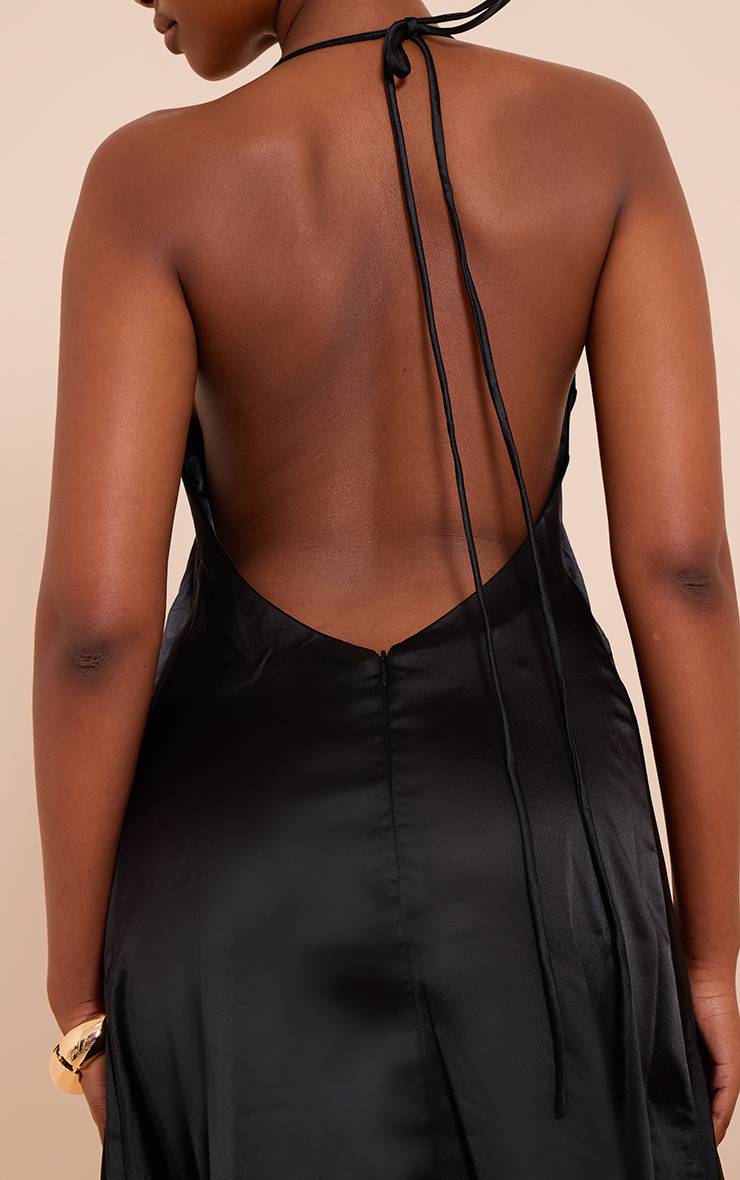 Noir Robe Longue Nuisette En Satin À Dos Lacé