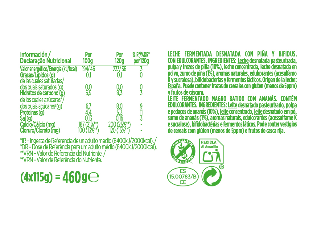 BIFIDUS PEDAÇOS ACTIVIA ANANÁS 0% 4X100