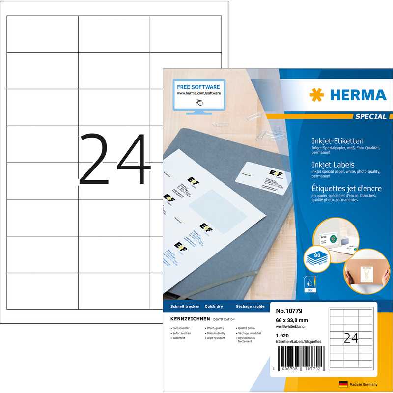 Herma Inkjet-Etiketten, 10779, 66 x 33.8 mm, 80 Blatt