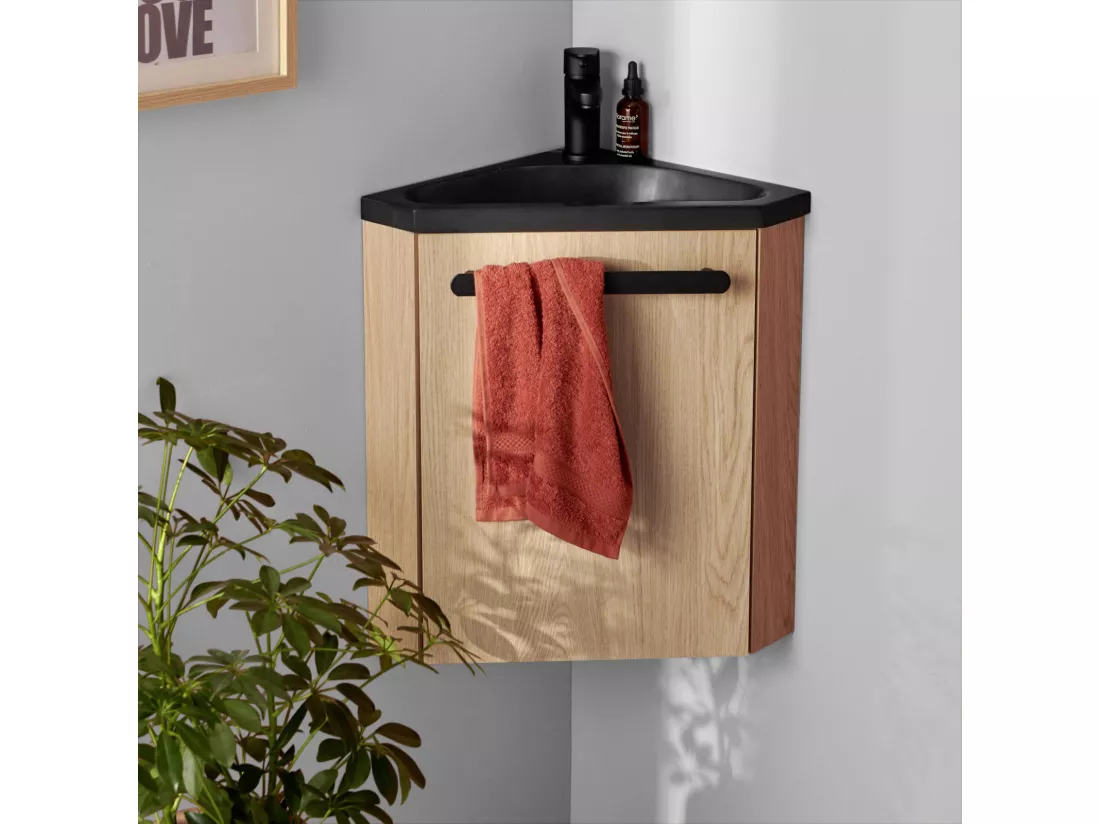 Meuble lave-mains d'angle décor chêne vasque noire SKINO
