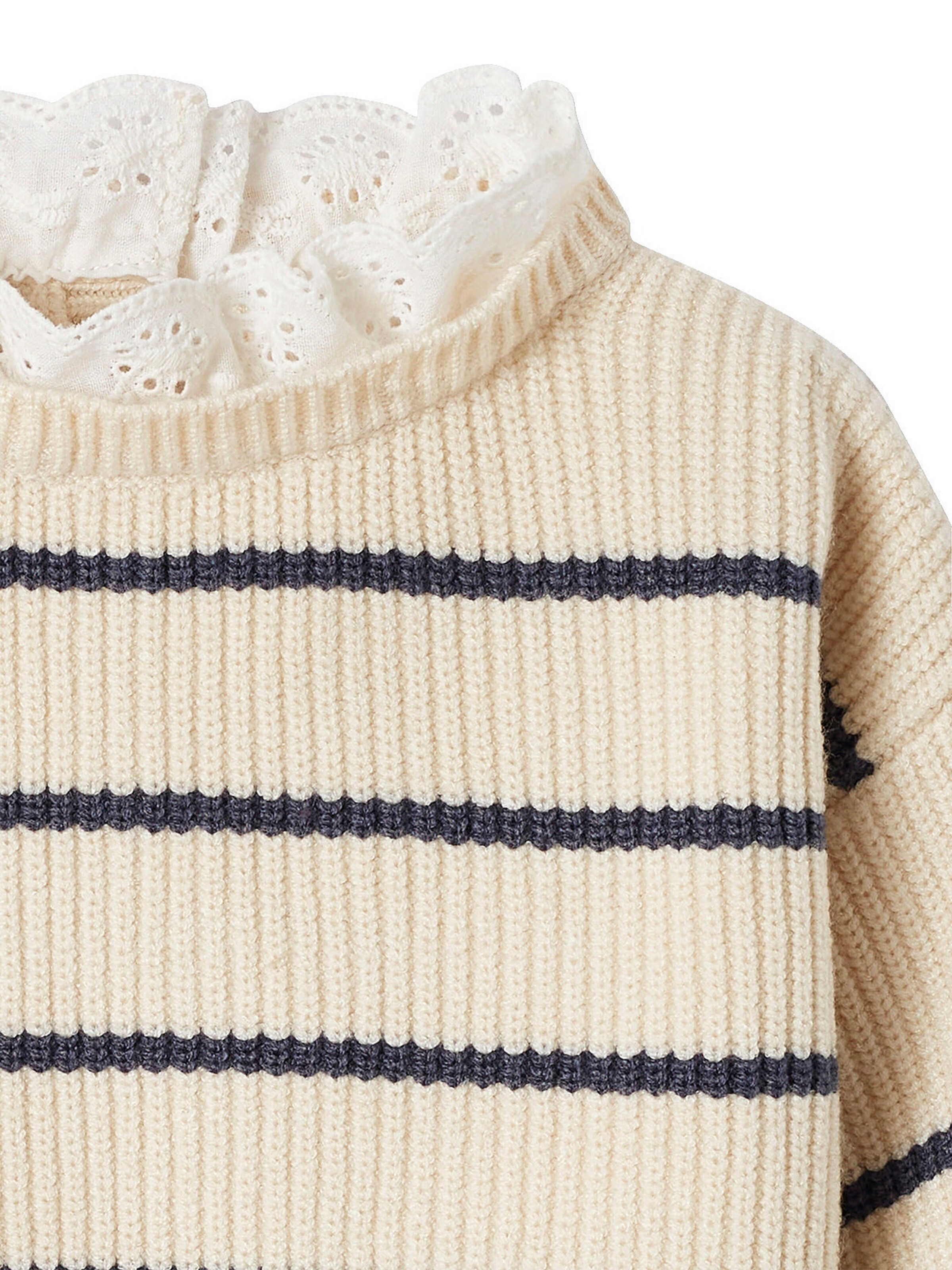 Vertbaudet Baby Pullover mit Volantkragen, Capsule Collection MAMA, TOCHTER & BABY wollweiß/marine gestreift