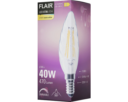 FLAIR LED kaarslamp, gedraaid, dimbaar CT35 E14/4W (40W) 470 lm 2700 K warm wit helder