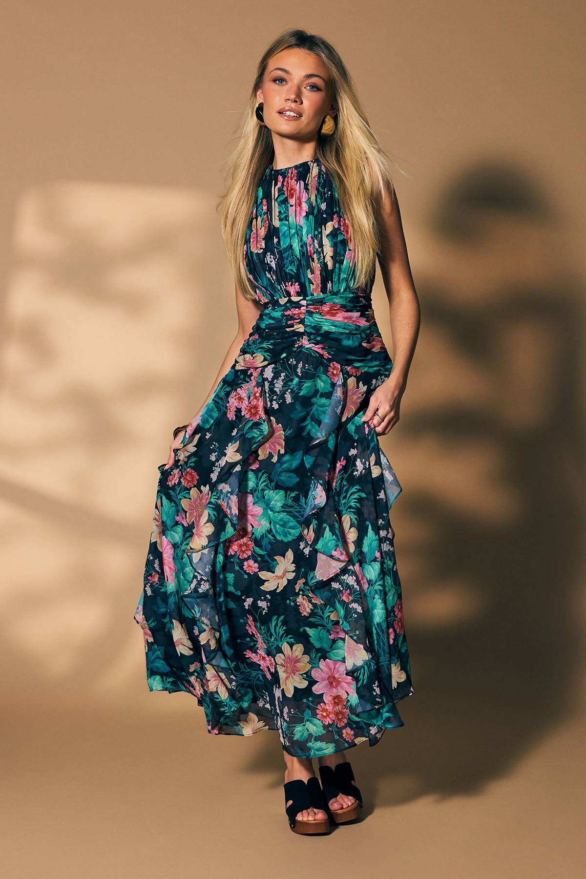 Oasis Robe Maxi à Volants avec Détail Taille Motif Floral