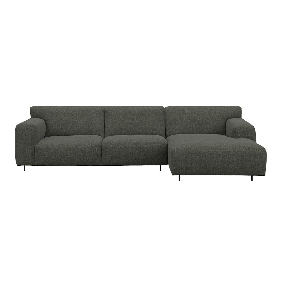 Vesta 2,5-seter med sjeselong høyre I Tekstil Cortina Grey, standardsøm, sort metallben 10 cm, Comfort CM