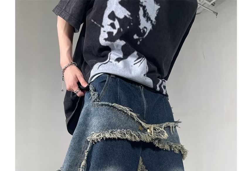 Femilina - Mid Rise Patchwork Fringed Washed Wide Leg Jorts