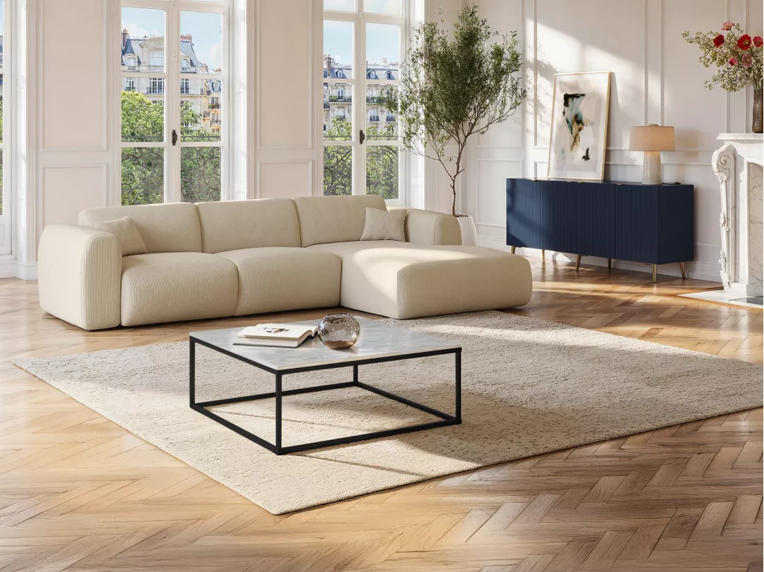 Table basse design ARETHA de Pascal MORABITO - Marbre et Métal - Blanc et Noir