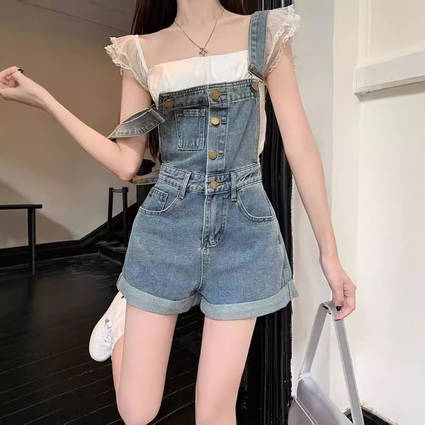 Kloitrinm - Gewassen denim korte broek met wijde pijpen en halve knopen